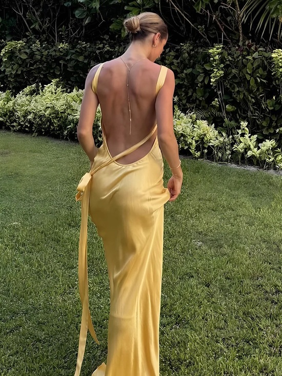 Commense Dresses & Skirts - Commense Open-Back Satin Slip Dress in gold